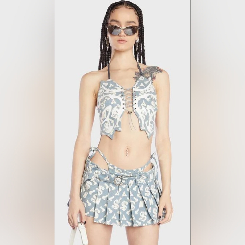 Namilia Denim Monogram Butterfly Top (Sz L) & Matching Thong (Sz M)